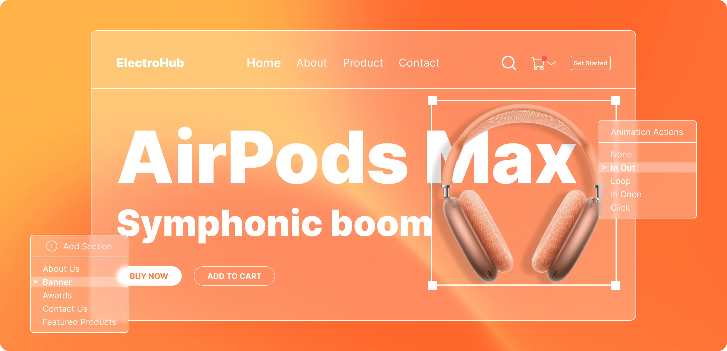 AirPods Max headphones displayed on an ecommerce homepage banner with a modern gradient background and buy now call to action